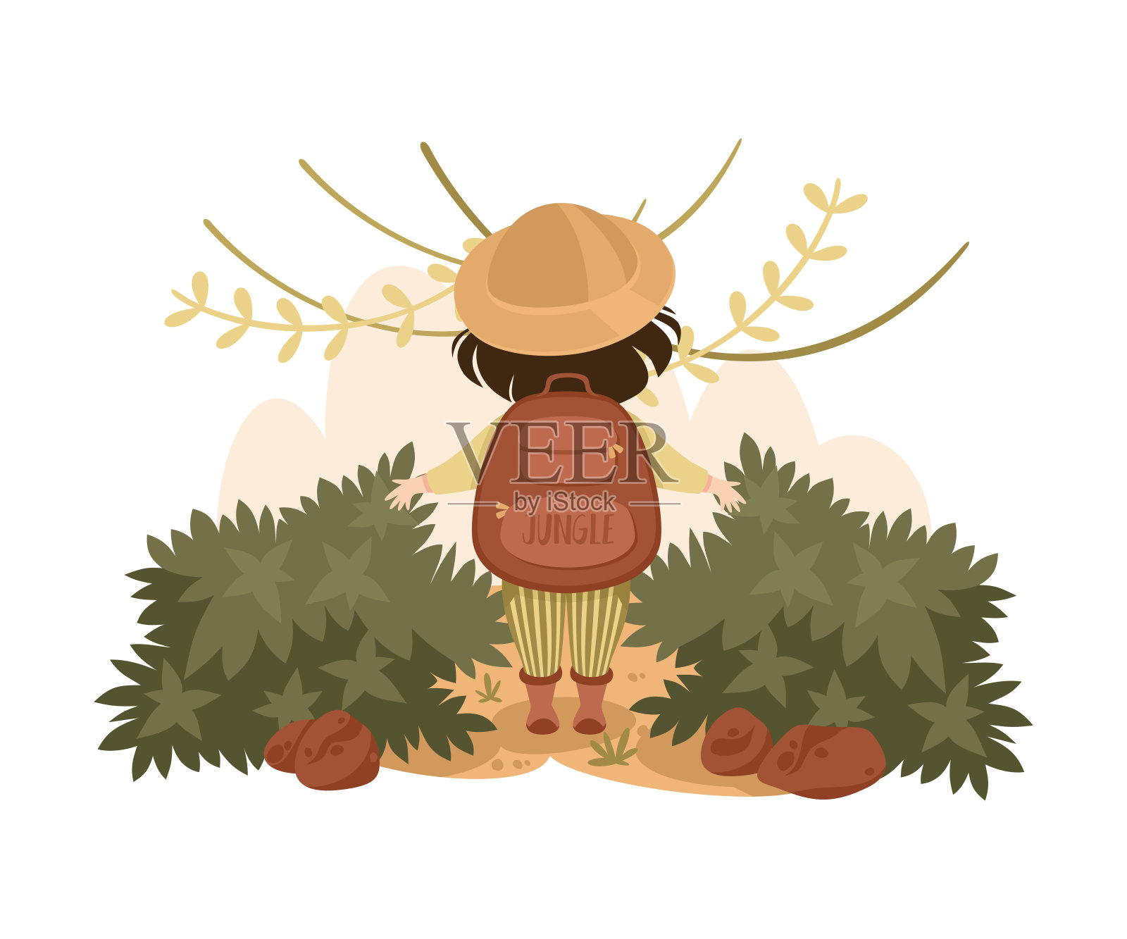 小女孩在丛林站在背包探索热带环境矢量插图插画图片素材