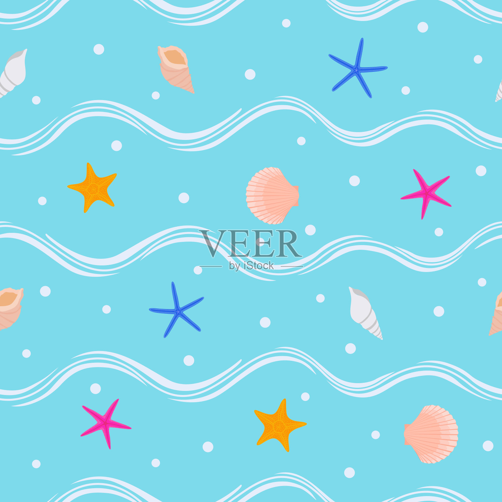 热带海洋蓝色沙滩无缝图案。海螺，贝壳，海星，波浪，水的背景。插画图片素材