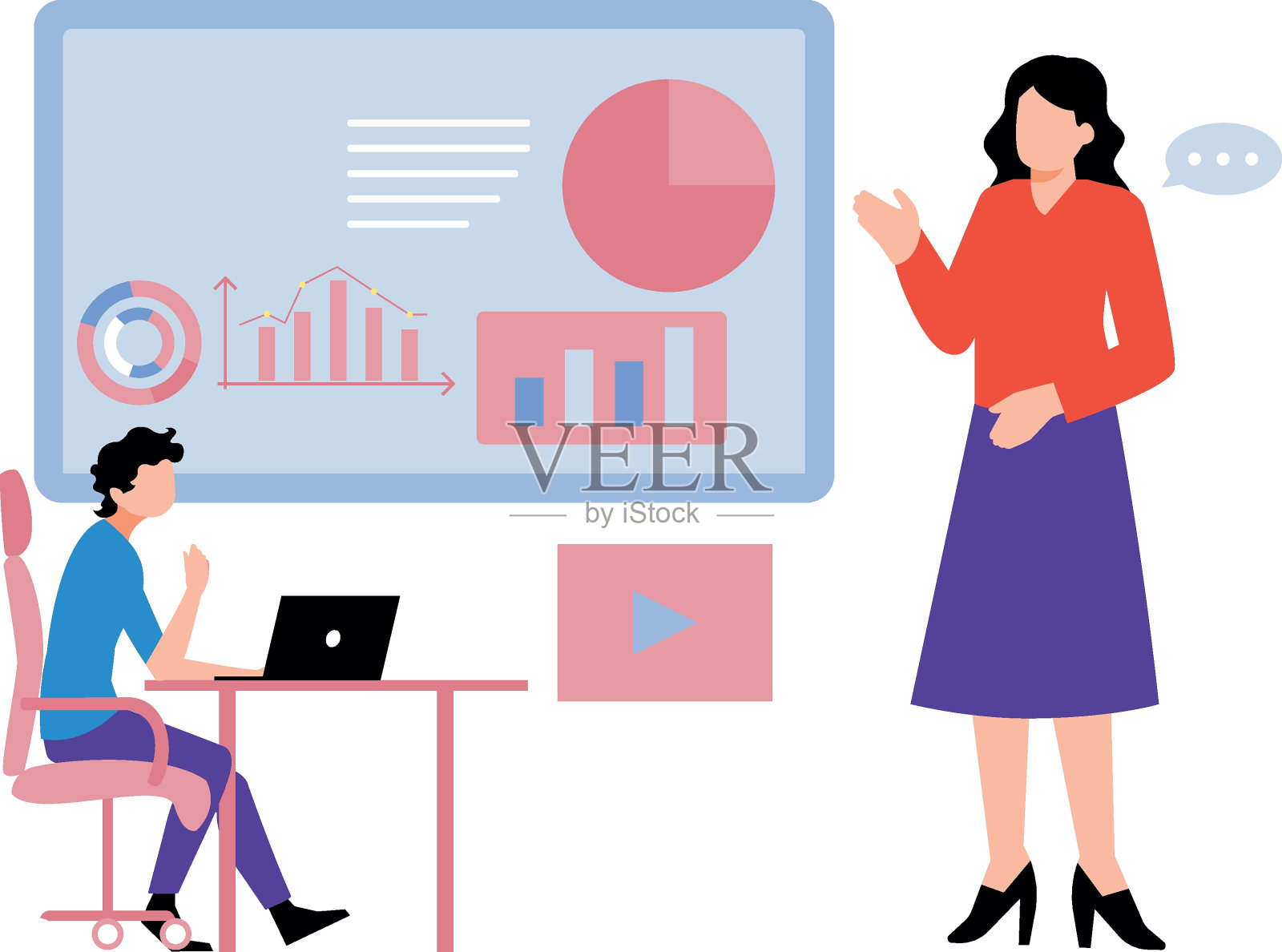 女孩在和做商业图表的男人聊天。插画图片素材