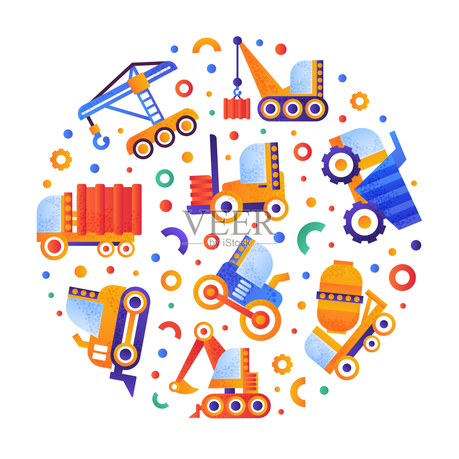 可爱的玩具车无缝图案的圆形形状。幼稚的工程机械车辆平面矢量插图插画图片素材