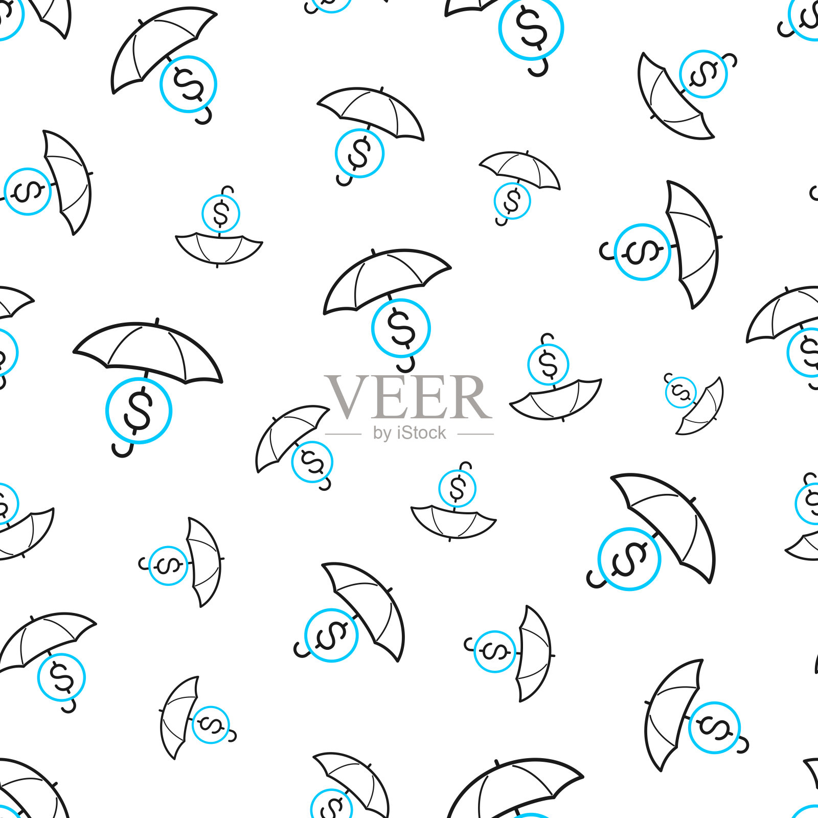 伞下的一美元硬币。无缝模式。白色背景上的线条图标插画图片素材
