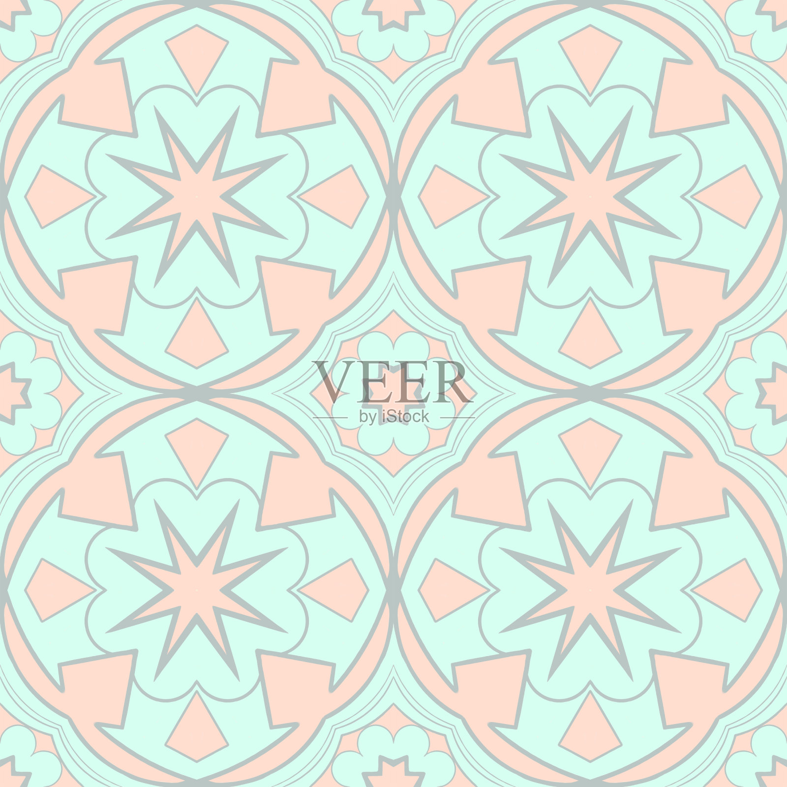 无缝图案具有对称轮廓图案，浅色背景，粉红色，绿松石色，灰色。没有黑色的轮廓。独特的手工图案。插画图片素材