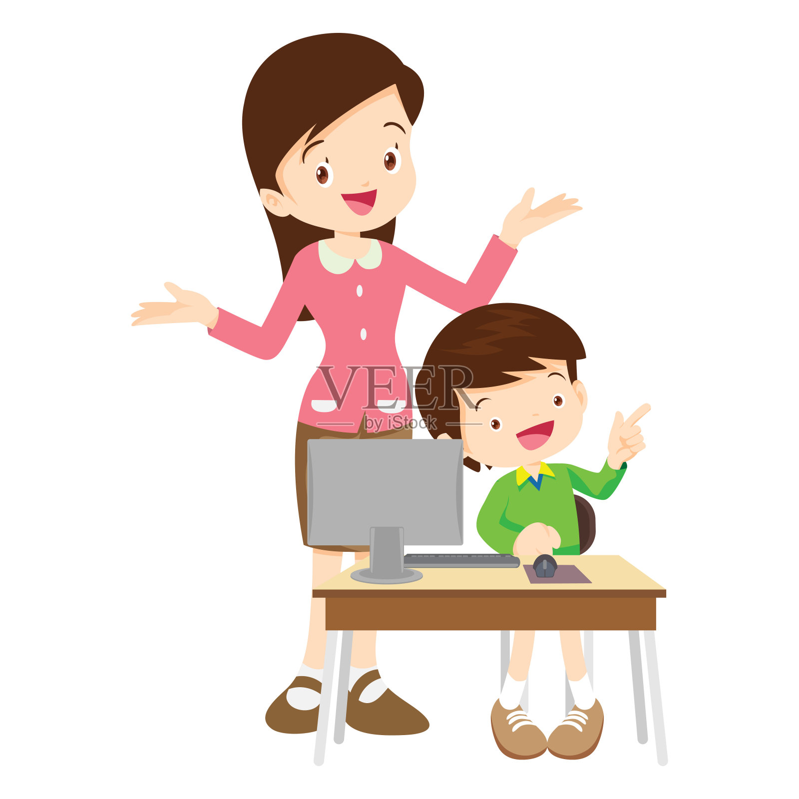 快乐老师和学生学习电脑插画图片素材