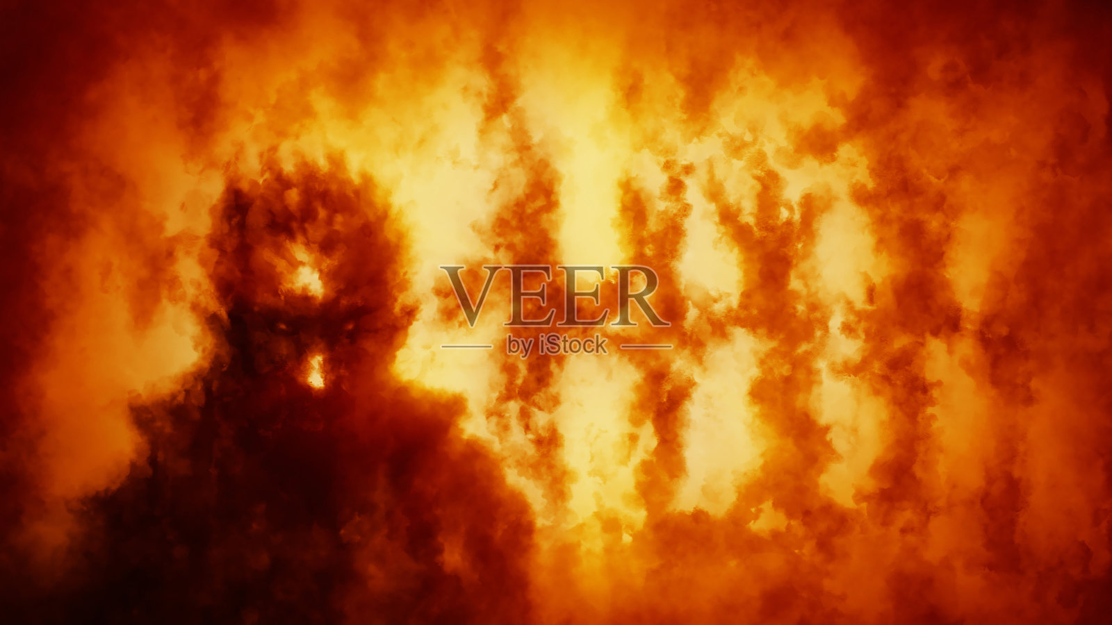 一个可怕的男人背对着火站着。燃烧的房子2d插图。恐怖奇幻类型。地狱的黑暗景象。令人毛骨悚然的万圣节。世界末日主题。橙色背景。插画图片素材