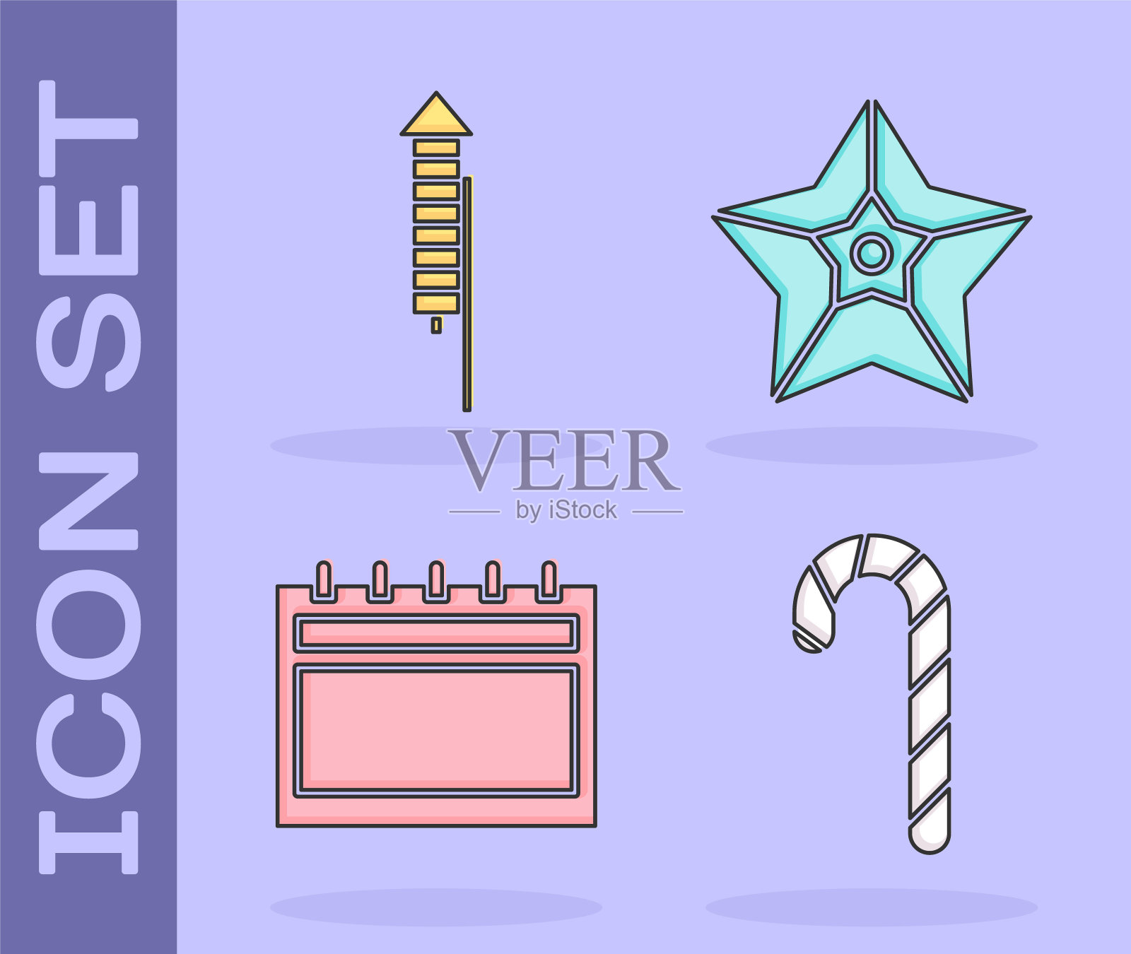 设置圣诞糖果手杖条纹，烟花火箭，日历和圣诞明星图标。向量插画图片素材