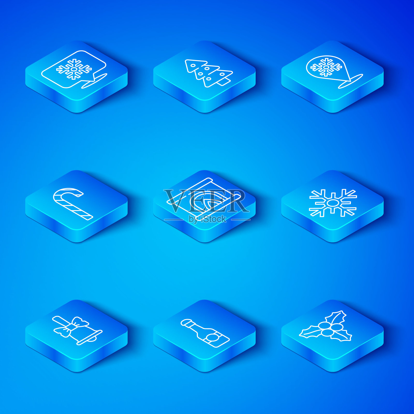 设线圣诞快乐钟声，室内壁炉，香槟瓶，雪花，甘蔗糖，演讲泡沫和一枝维burnum图标。向量插画图片素材