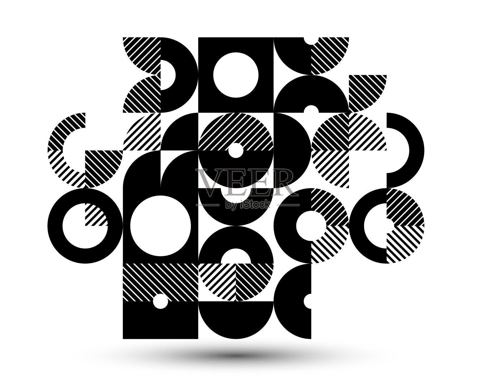 几何抽象的黑白艺术，矢量几何背景与瓷砖的圆形和其他形状，条纹纹理现代主义风格的线性图案，创意设计。插画图片素材