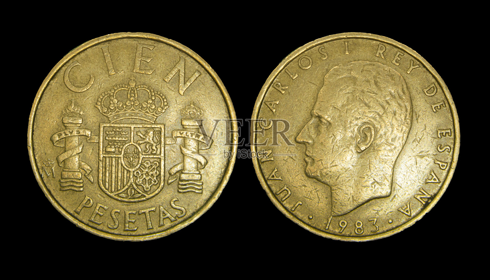 西班牙比塞塔硬币，胡安·卡洛斯国王照片摄影图片