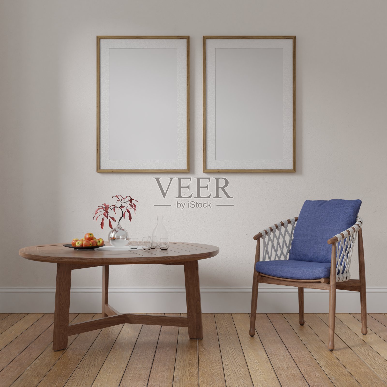 框架室内模拟房间木元素和舒适的客厅，空画室内，椅子，桌子，木地板在插图3d照片摄影图片