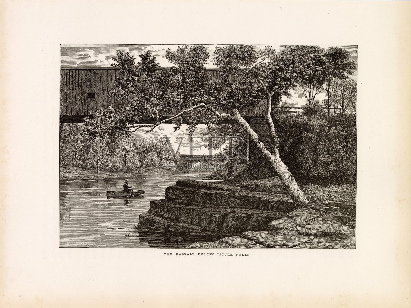 新泽西-帕塞克河，在小瀑布下面-古董印刷1874插画图片素材