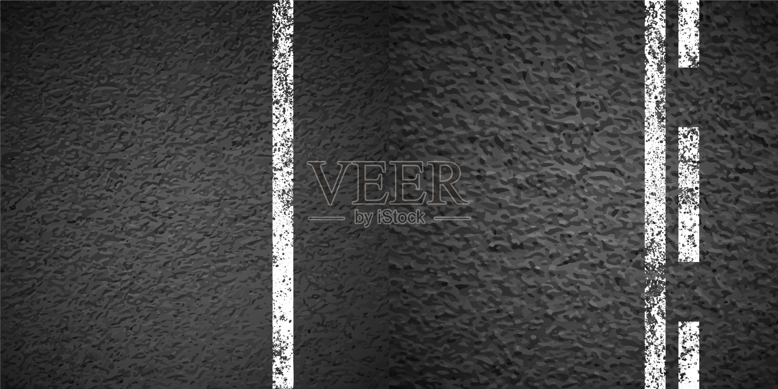 柏油路用白色裂缝车道标线，混凝土路面，质感。街道交通线、道路分隔带。图案与颗粒结构，grunge石背景。矢量图插画图片素材