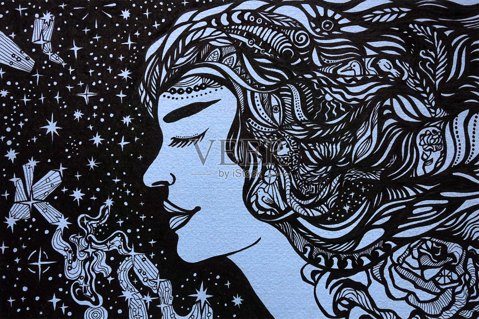 美丽的年轻女子在宇宙的天空下做梦插画图片素材