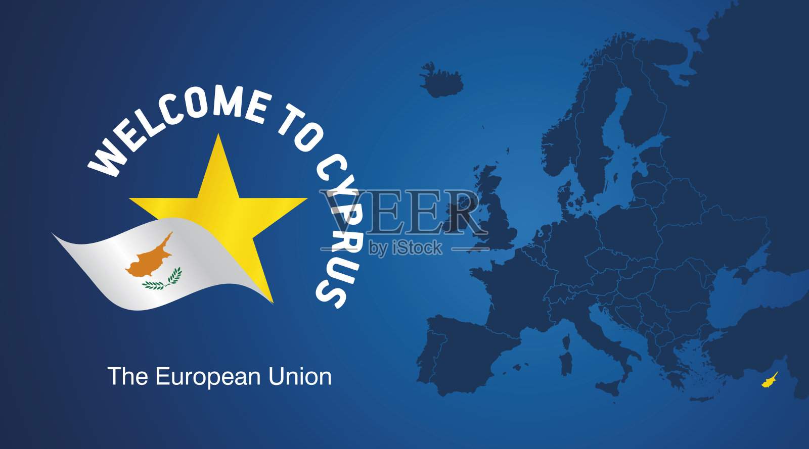 欢迎来到塞浦路斯欧盟波浪旗星标志图标和地图横幅插画图片素材