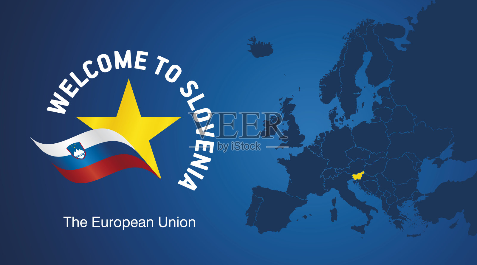 欢迎来到斯洛文尼亚欧盟波浪旗星标志图标和地图横幅插画图片素材
