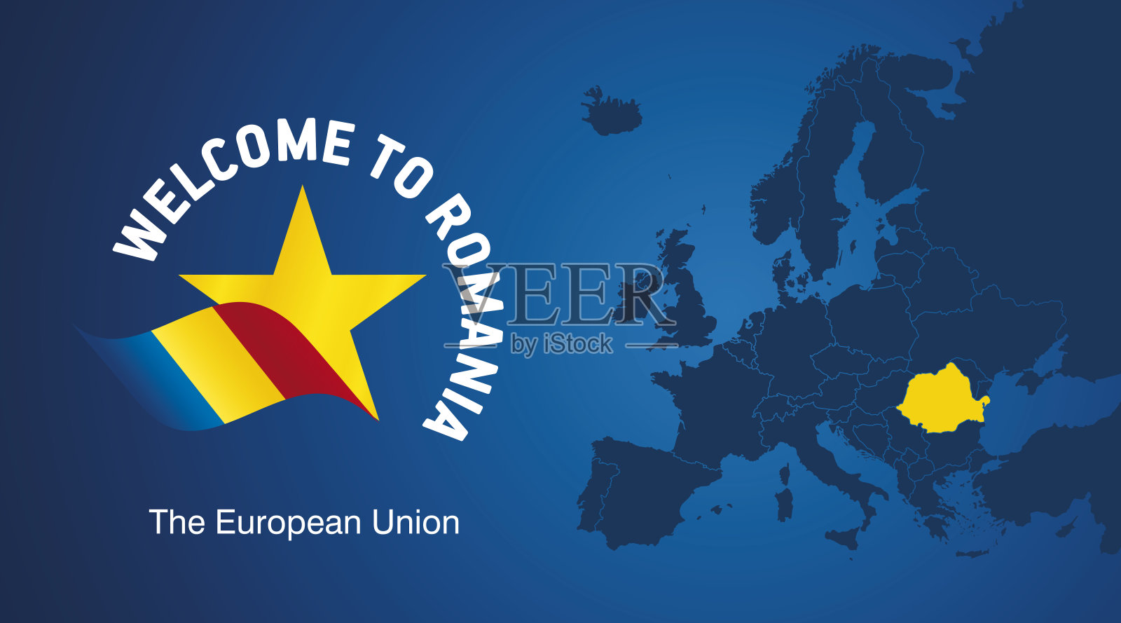 欢迎来到罗马尼亚欧盟波浪旗星标志图标和地图横幅插画图片素材
