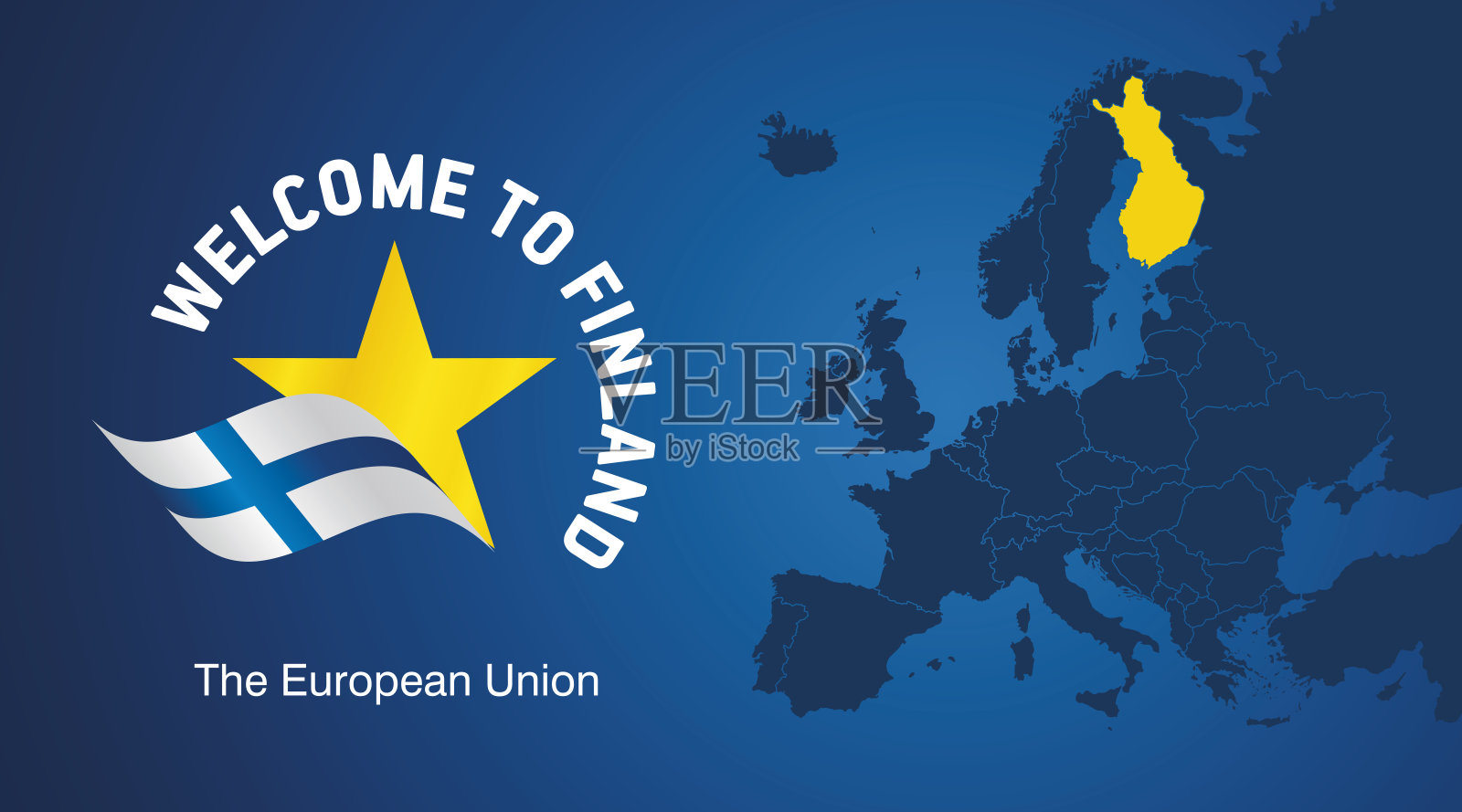 欢迎来到芬兰欧盟波浪旗星标志图标和地图横幅插画图片素材
