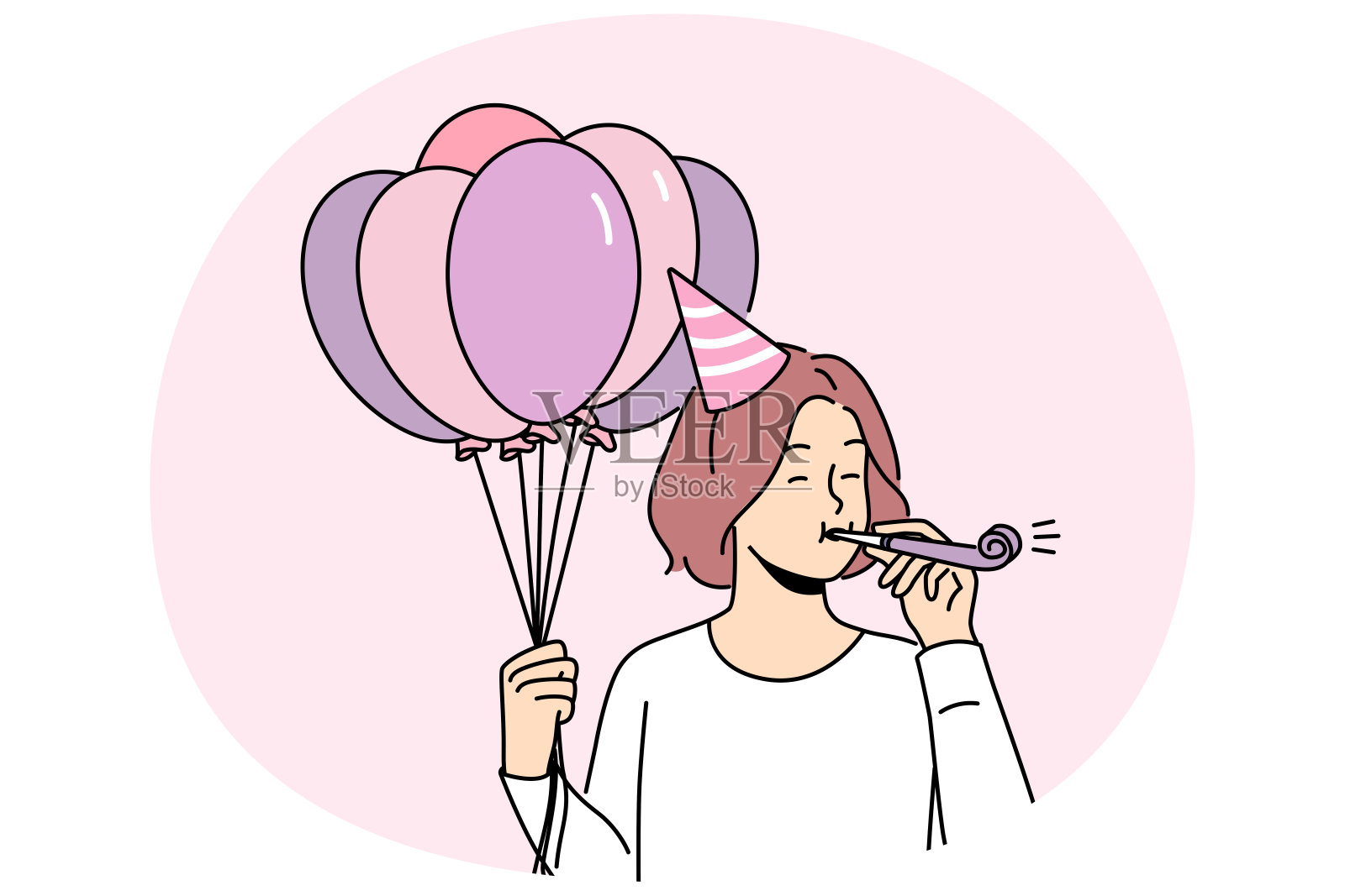 快乐的女孩拿着气球吹口哨插画图片素材