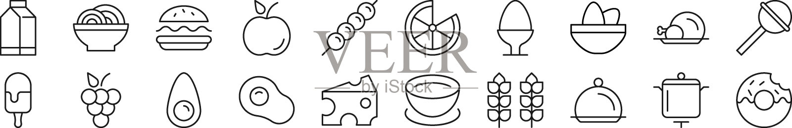 收集细线图标的食物。可编辑的中风。简单的线性插图网站，报纸，文章书籍插画图片素材