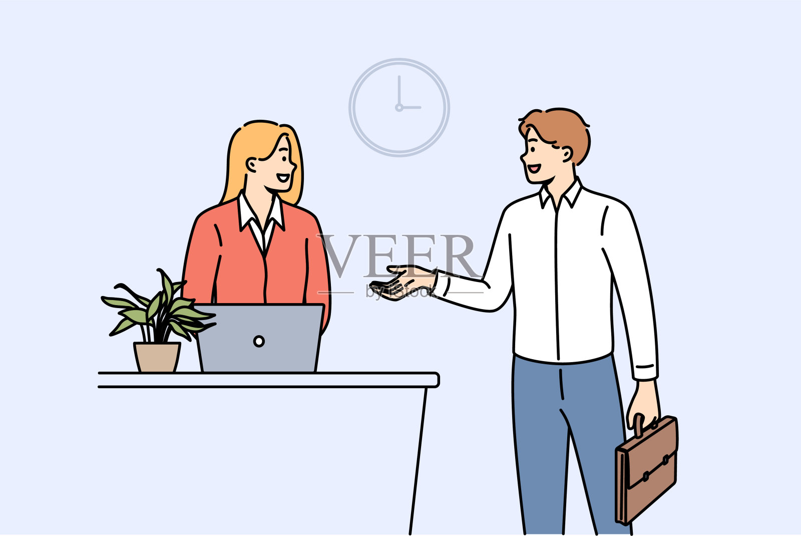 一名男子一边租酒店房间，一边拿着笔记本电脑站在前台与管理员交谈插画图片素材