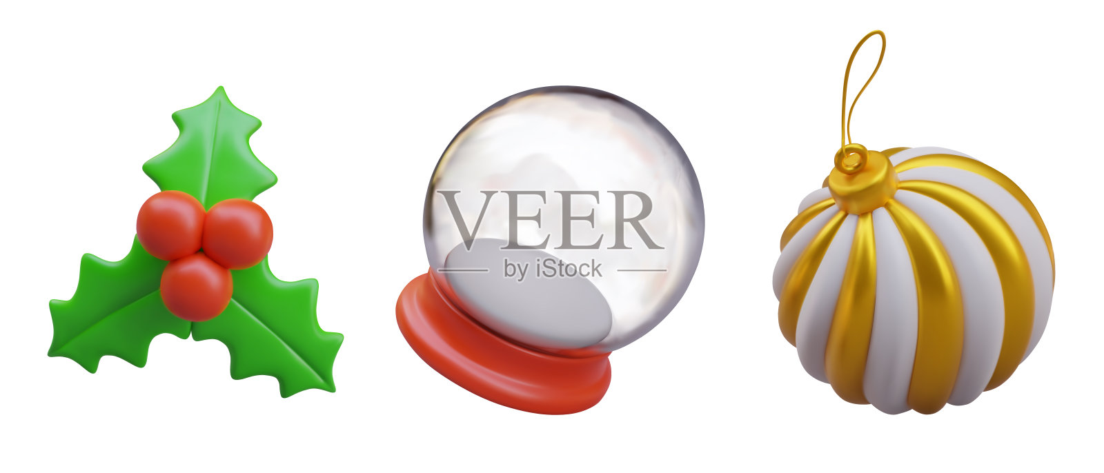 一套冬青枝植物，红色架子上的玻璃雪球和金色元素的树玩具插画图片素材