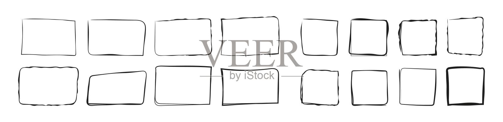 正方形，矩形，垃圾矢量设置在素描风格。黑色框架轮廓在手绘风格插画图片素材