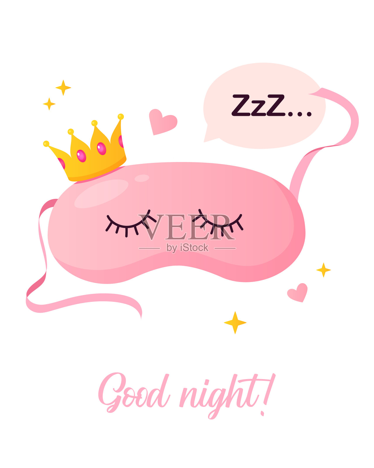 晚安卡片上有可爱的睡眠面具，闪闪发光和字母插画图片素材