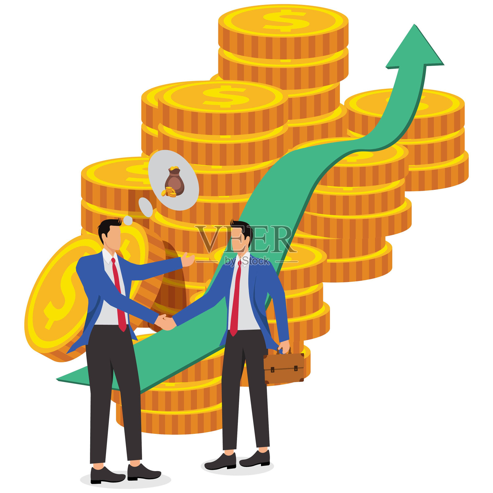 商务协作，合伙或合作，协议，团队支持或帮助，两个商人站在一堆金币握手插画图片素材