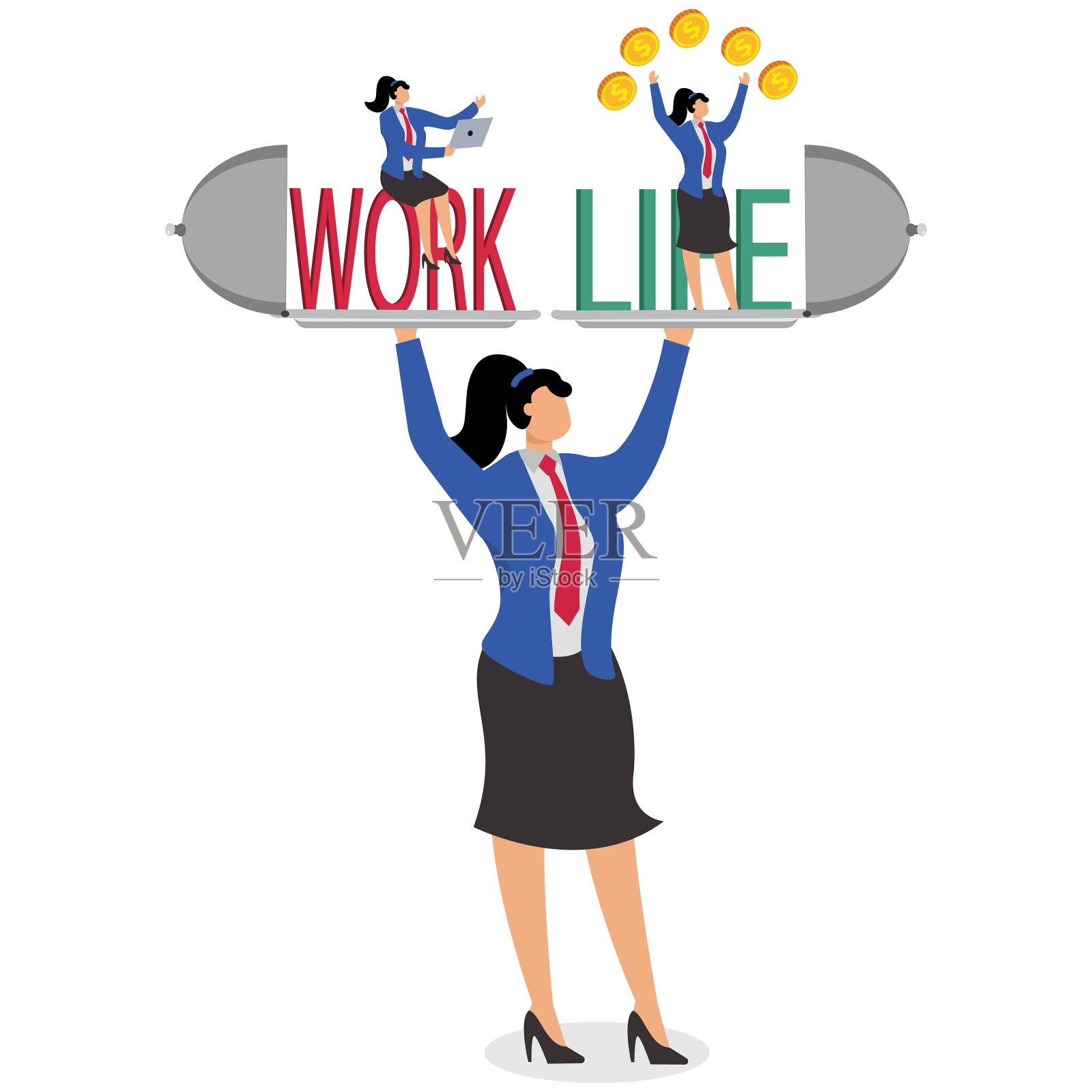 和谐，工作与生活的平衡，健康的生活方式或良好的商业模式发展，女商人双手放在盘子上保持工作与生活的平衡插画图片素材