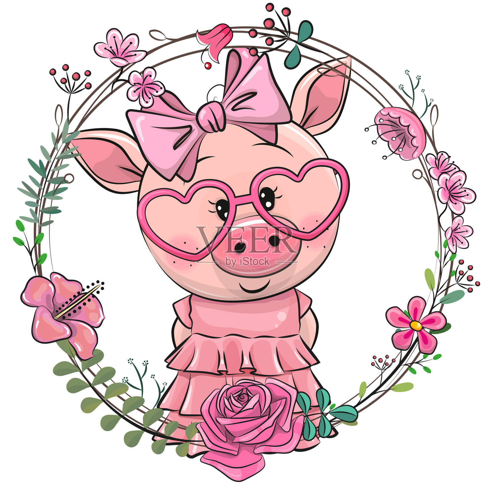 花框里的卡通猪女孩插画图片素材