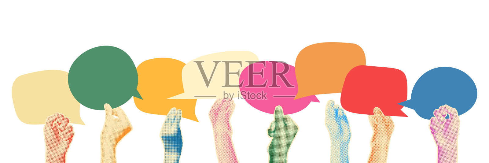 不同的手握着语音气泡半色调拼贴矢量插图插画图片素材
