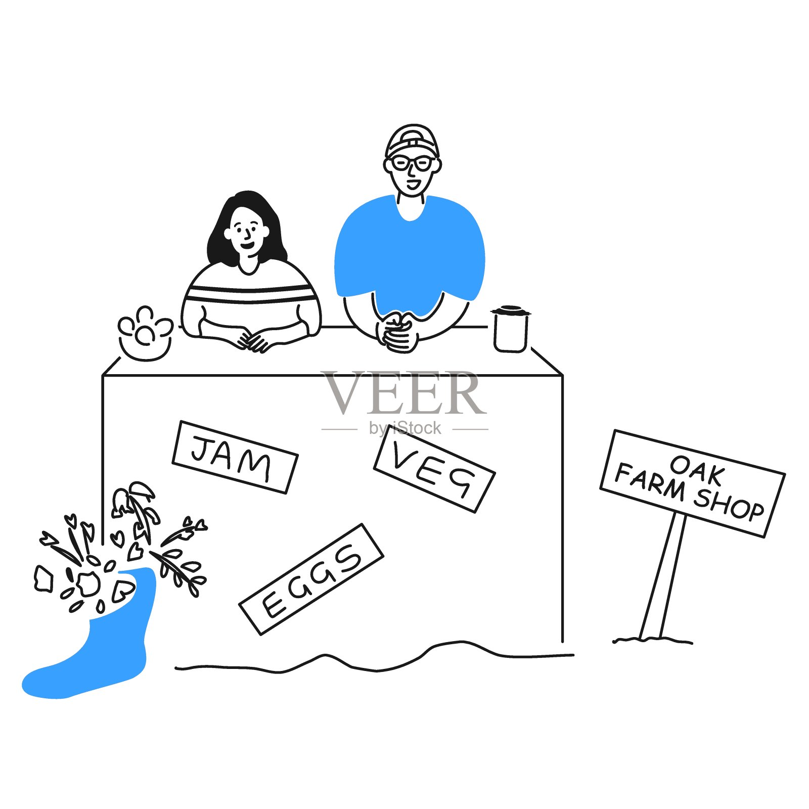 农场店主在市场摊位上出售蔬菜、鸡蛋和果酱插画图片素材