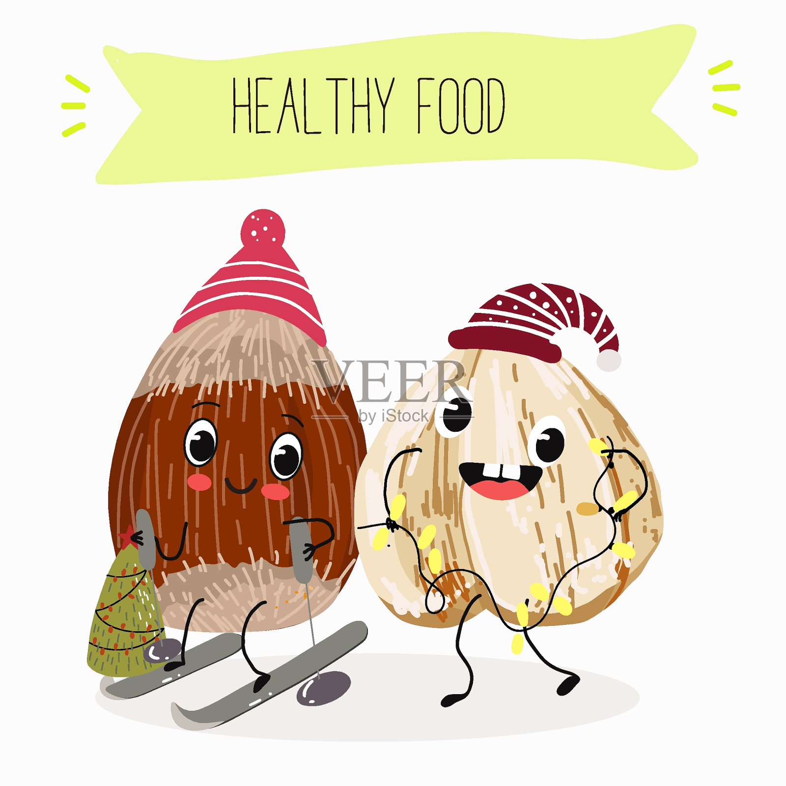 可爱的人物，不同活动的榛子。平面矢量插图，有趣的坚果，有趣的豆子。儿童菜单装饰的微笑吉祥物。插画图片素材