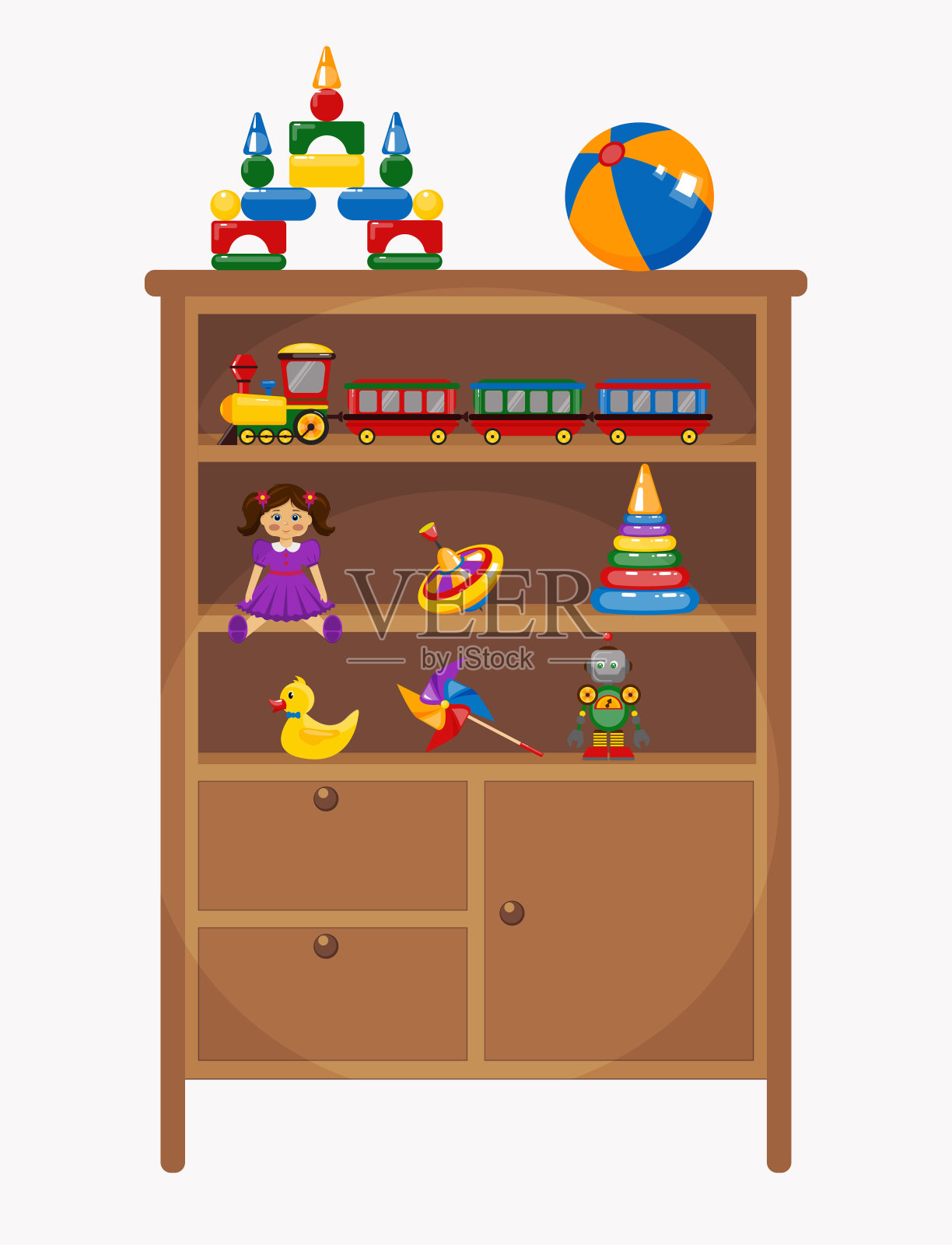 棕色矢量书柜。一件家具。室内房间的一部分。白色背景的经典橱柜，里面有玩具和书籍。插画图片素材