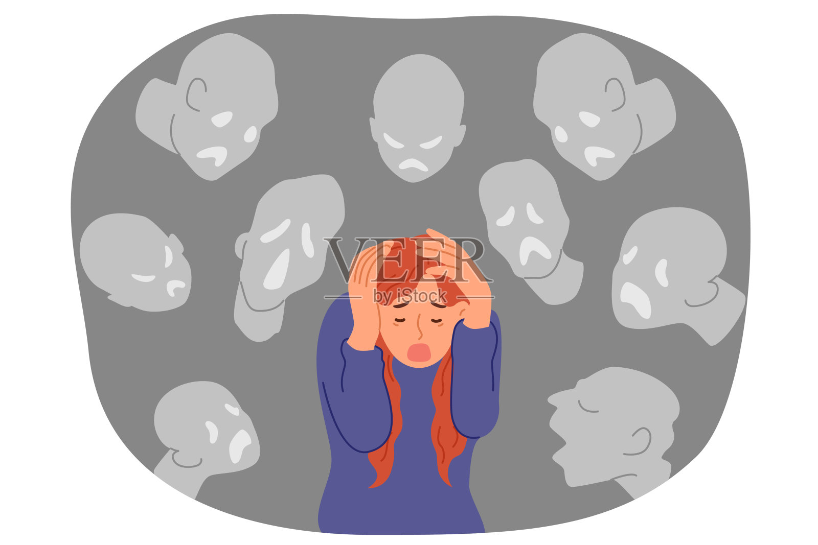 一个女孩因幻觉而惊恐发作，她会看到可怕的鬼魂和灵魂插画图片素材