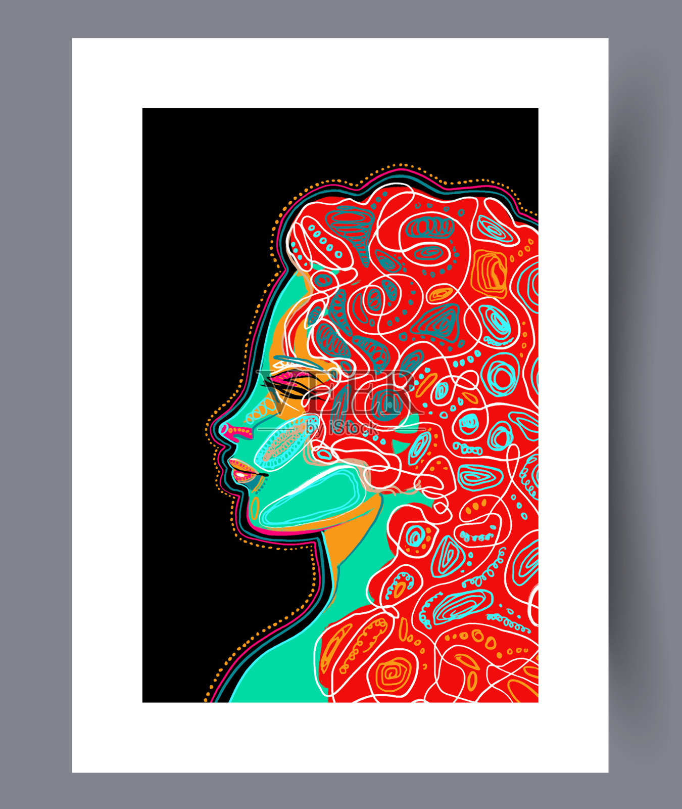 肖像女孩时髦的侧面墙艺术打印插画图片素材