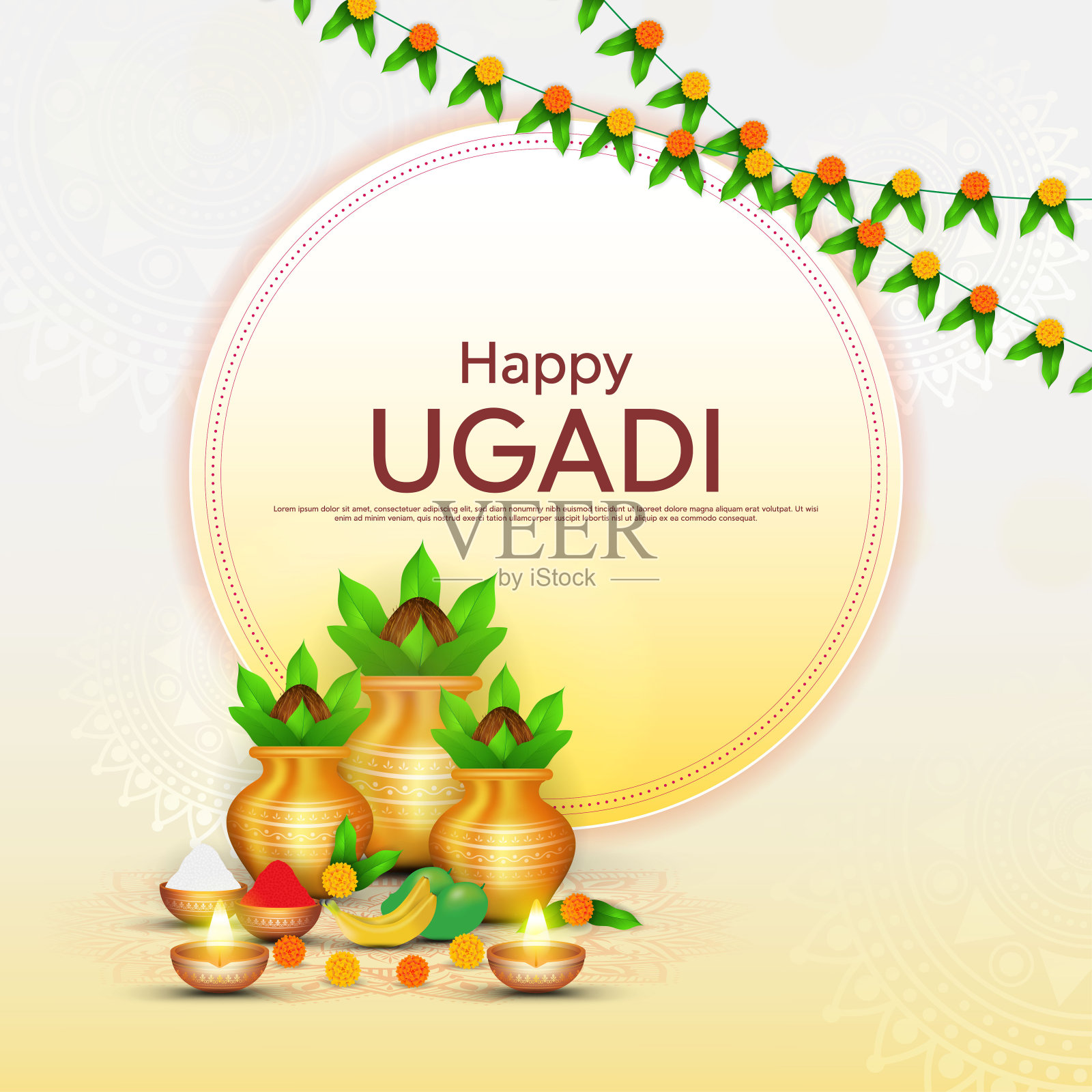 快乐的乌加迪-海报模板设计，包括卡拉什，香蕉叶，绿芒果，花，rangoli和diya。插画图片素材