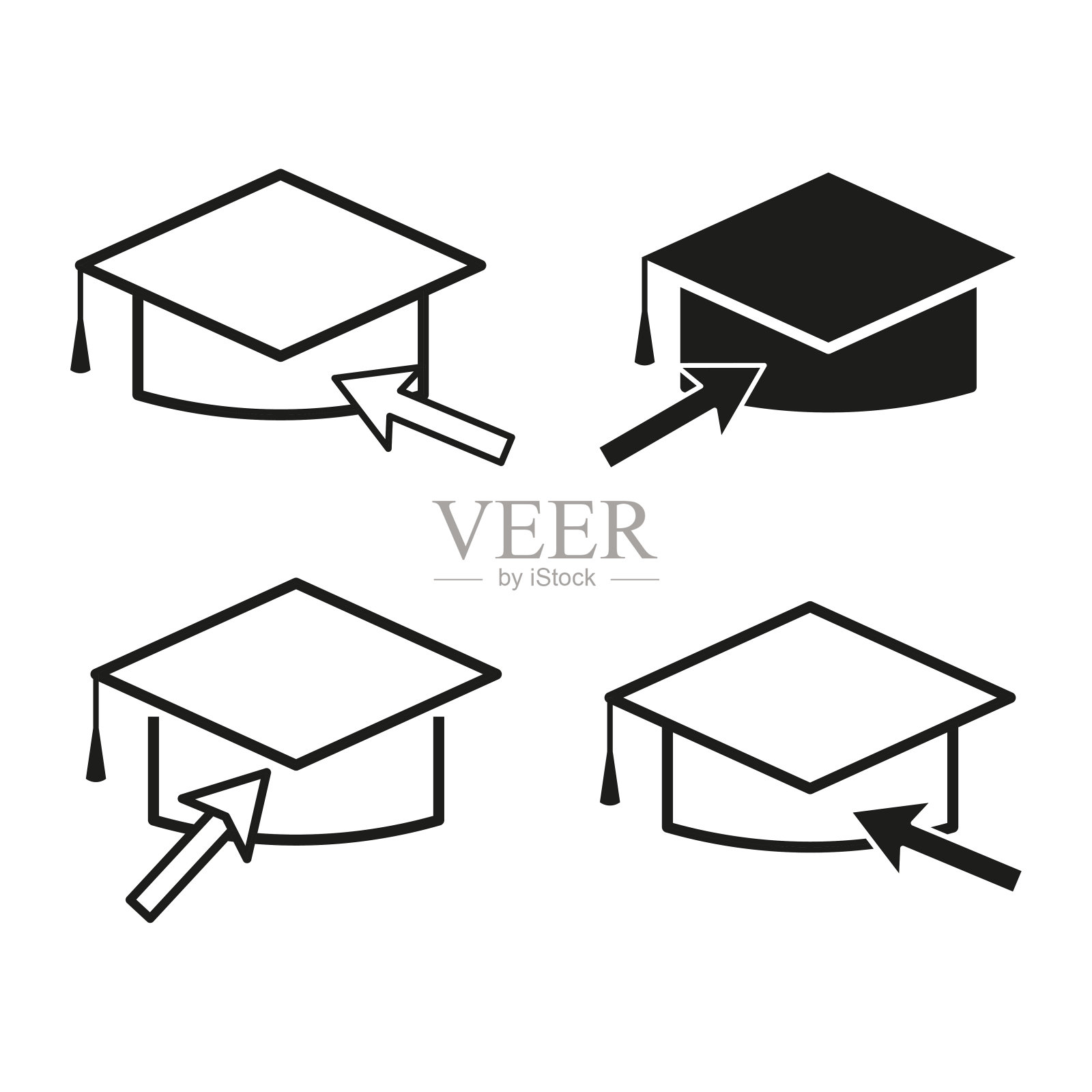 一组四个毕业帽图标，鼠标点击，代表在线教育。矢量插图。每股收益10。插画图片素材
