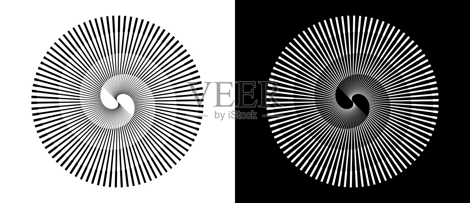 螺旋线作为动态抽象矢量背景或标志或图标。阴阳象征。设计元素或图标。黑色的形状在白色的背景和相同的白色形状在黑色的一面。插画图片素材