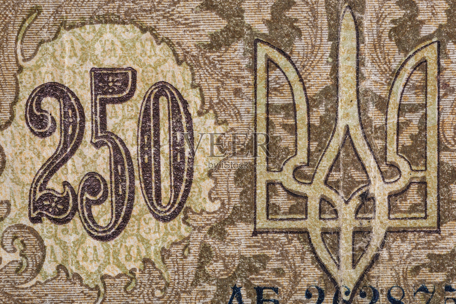 旧纸币的复古元素。bonistics .乌克兰，1918年，250格里夫纳。用于设计目的的碎片纸币。照片摄影图片