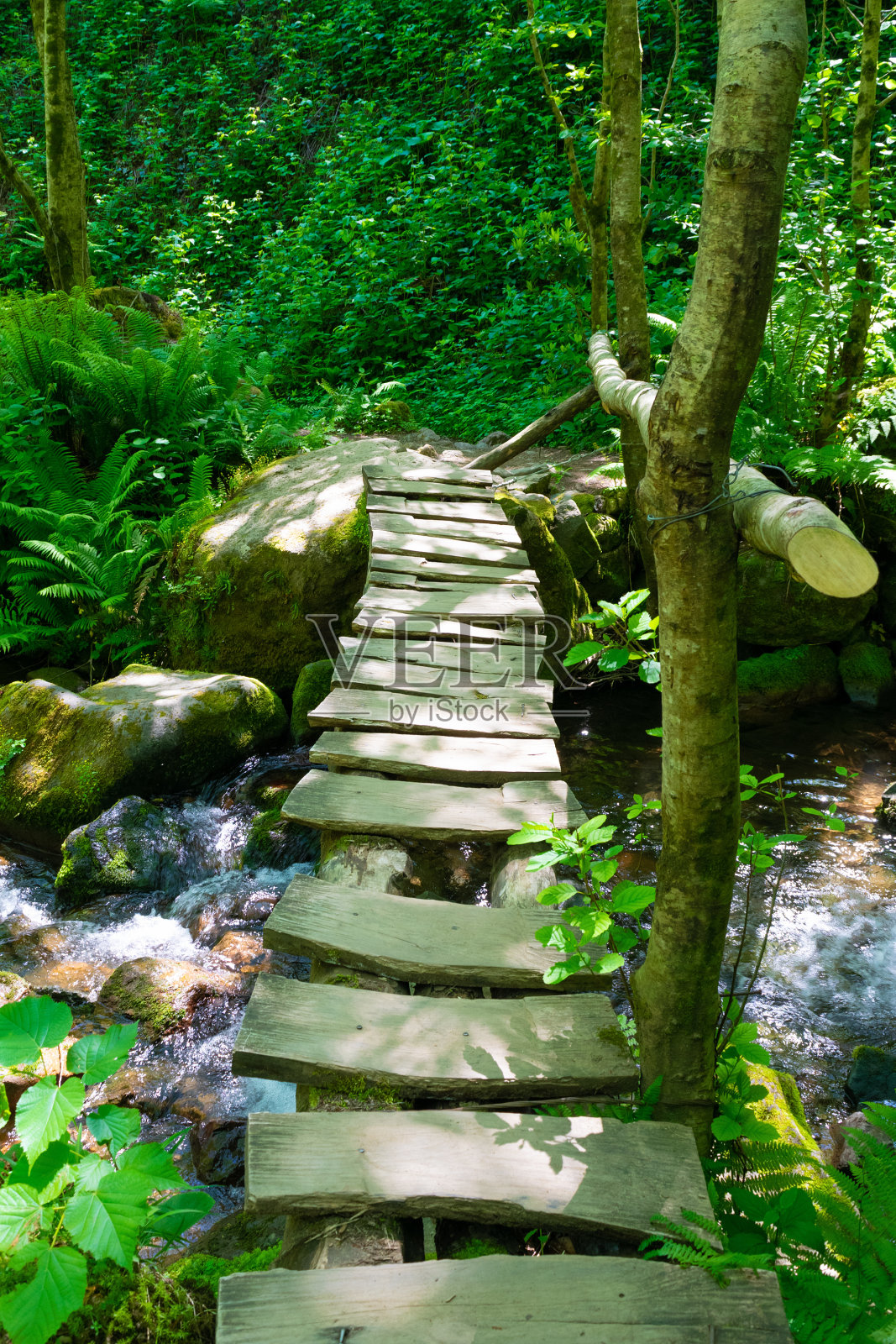 山间河流上的木桥。照片摄影图片