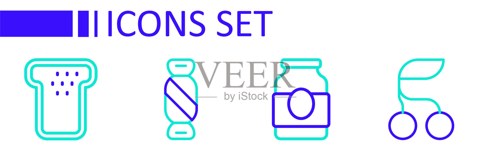 设置线新鲜浆果，果酱罐，糖果和面包吐司图标。向量插画图片素材