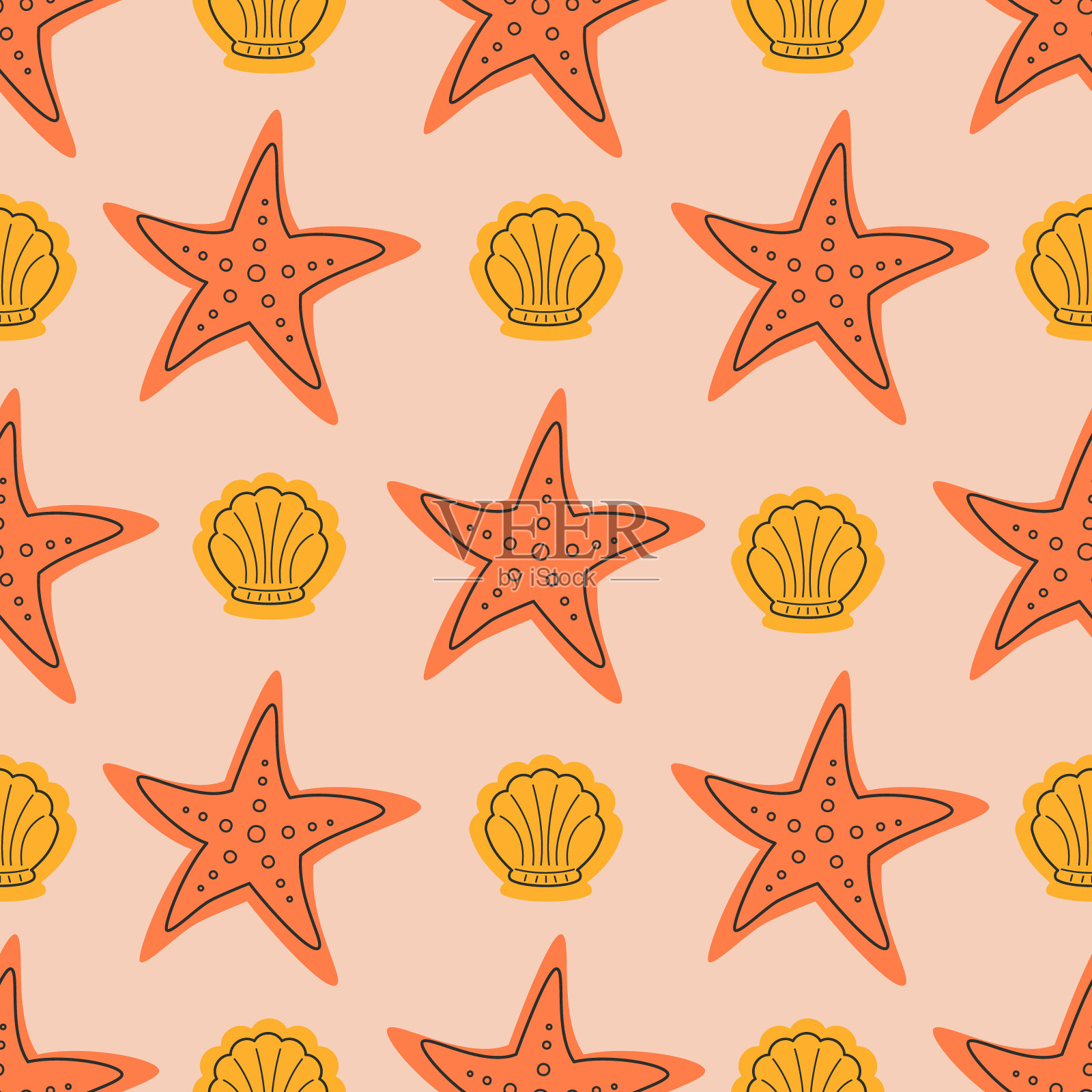 黄橙色图案，海星和贝壳插画图片素材
