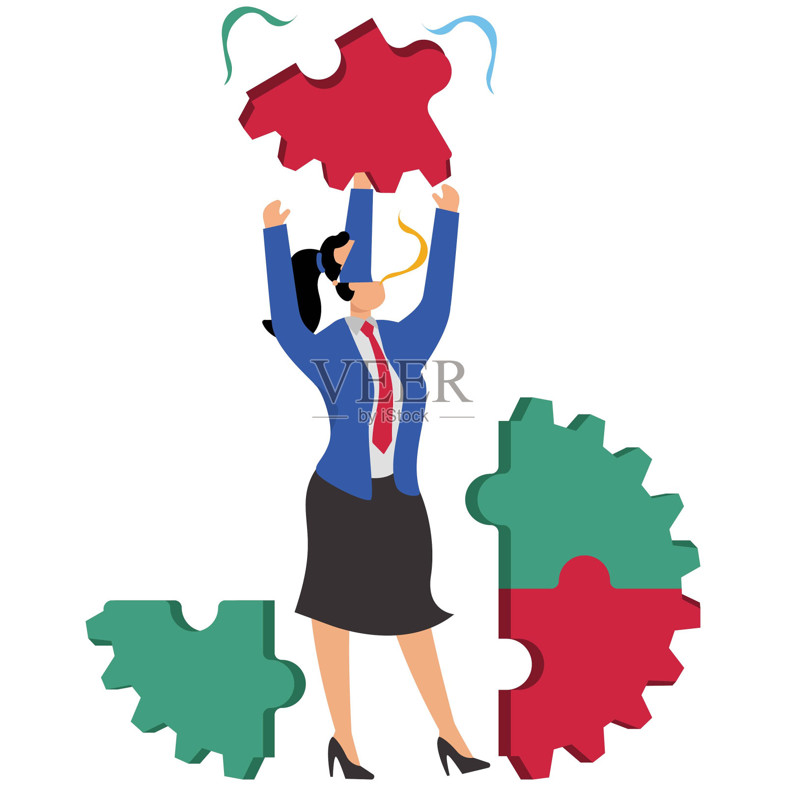 当女商人的头打开时，一只手伸出来，展示了一块重要的拼图插画图片素材