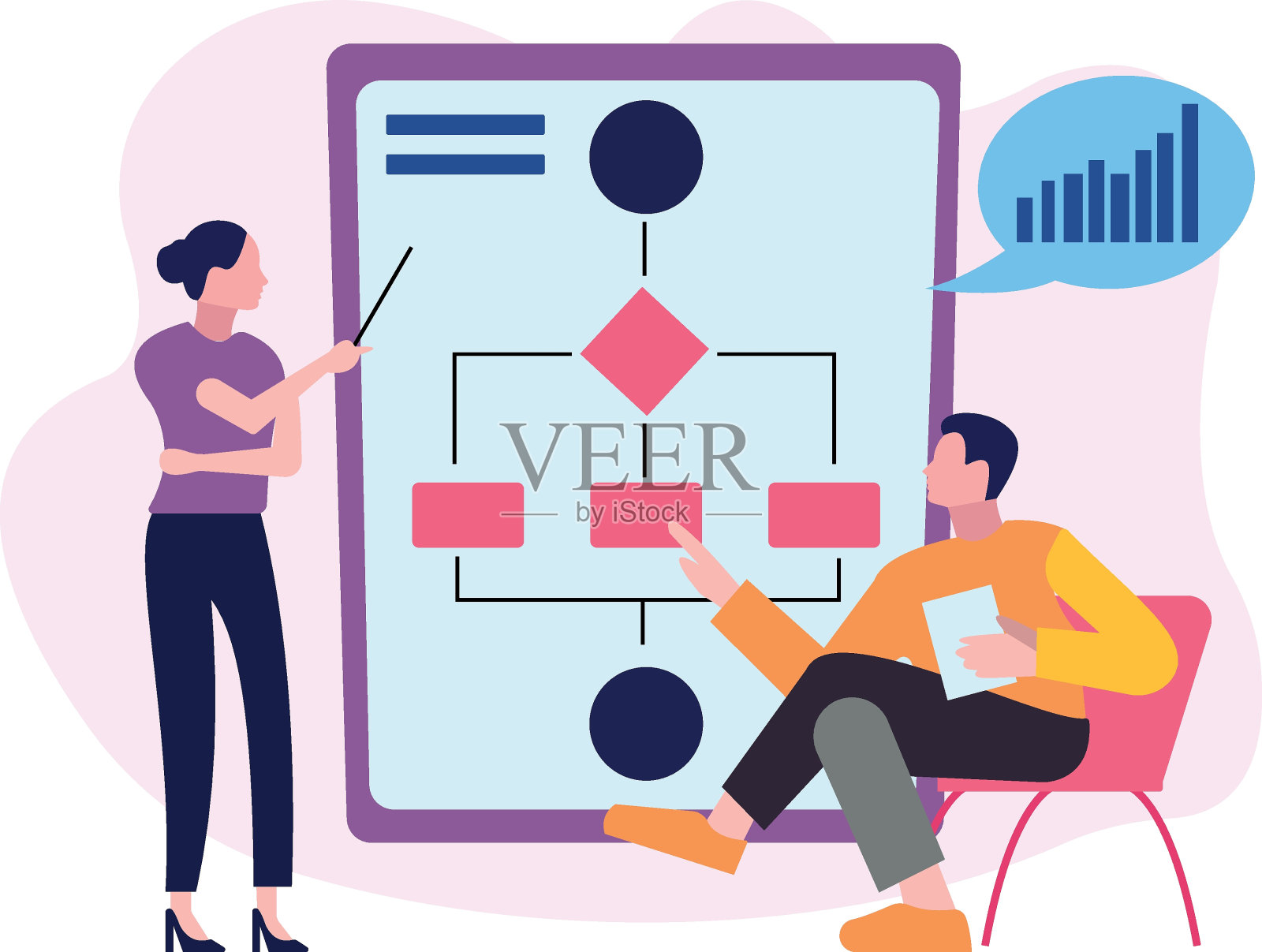 女孩向男孩解释流程图。插画图片素材