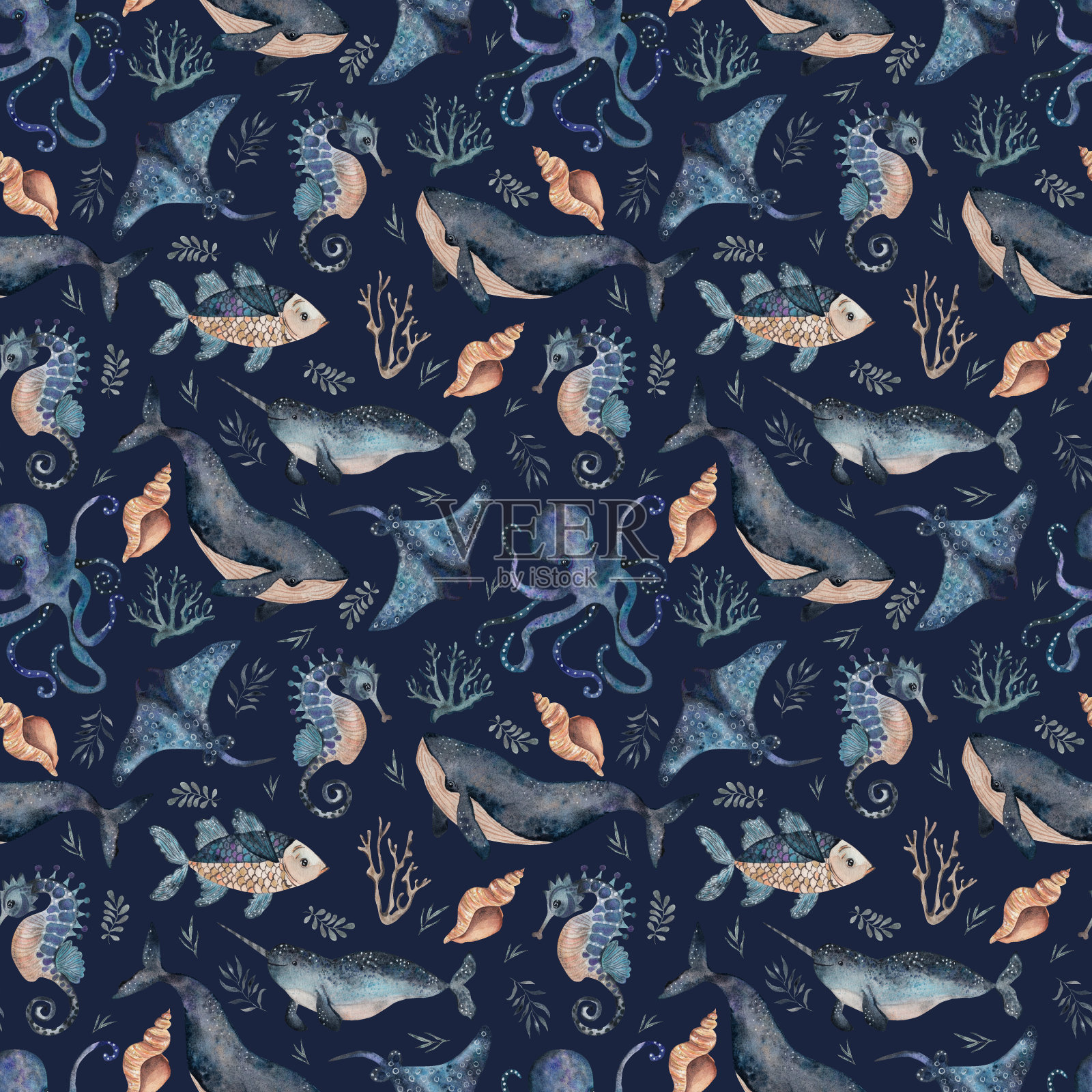 水下动物，水彩插图，无缝图案插画图片素材
