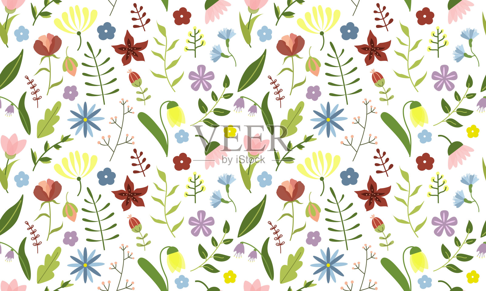 矢量野花无缝图案，水彩风格插画图片素材