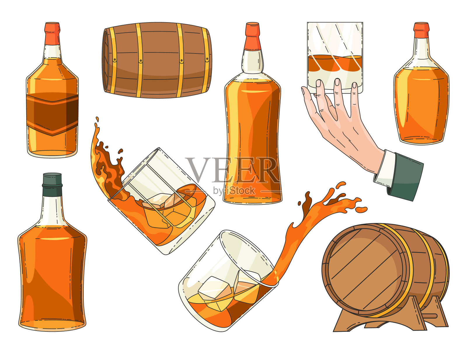威士忌广告复古设计元素。玻璃瓶，男子手持玻璃杯与冰块的苏格兰威士忌，木质酒精桶图标收集。载体酒精产品插画图片素材