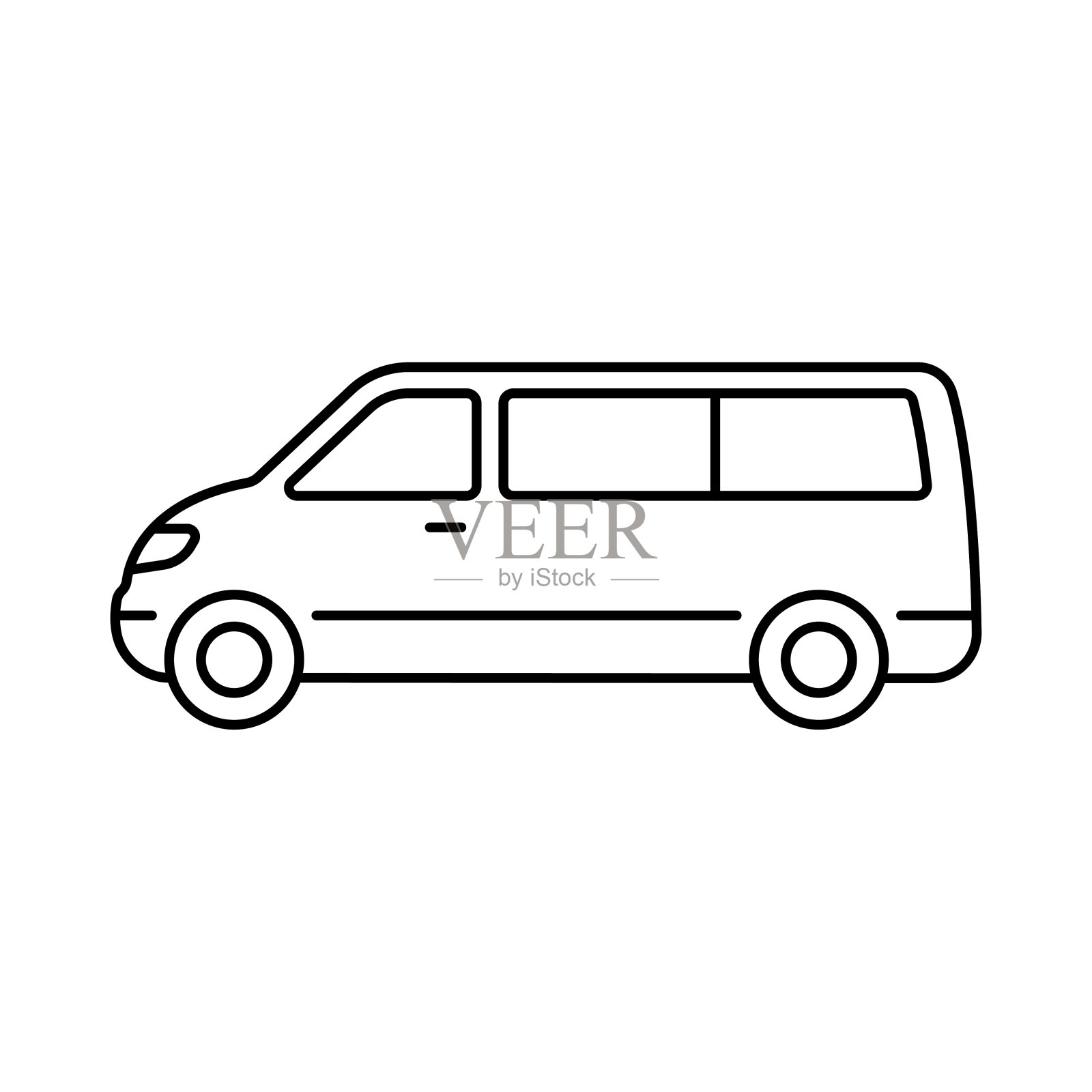 面包车图标。小型公共汽车。黑色轮廓线轮廓。可编辑的中风。侧视图。矢量简单的平面图形说明。白色背景上的孤立物体。隔离。插画图片素材