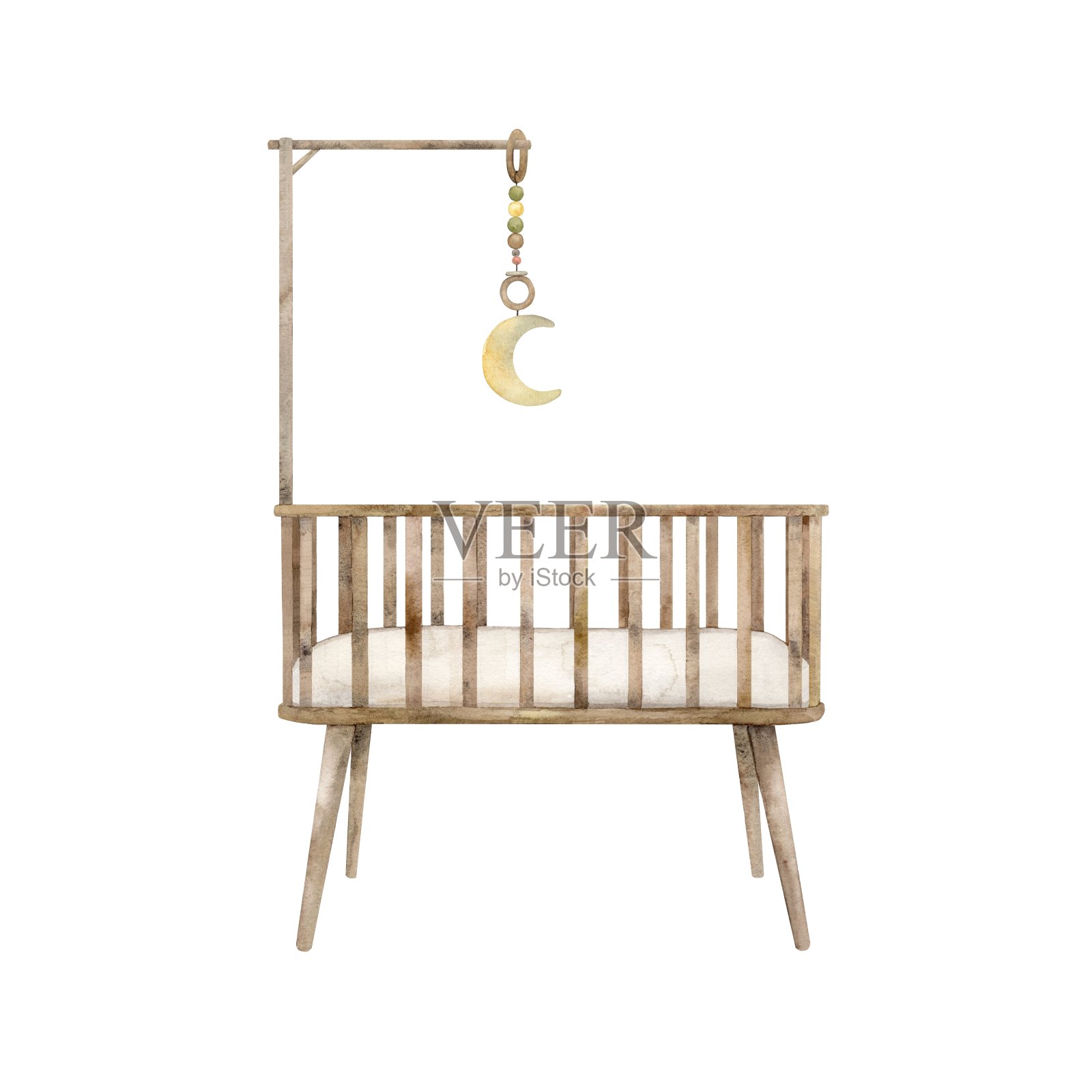 新生儿木制婴儿床，带手机和月子。用水彩画的。孤立的手绘插图儿童室内，卡片，贴纸，纺织品，设计，邀请插画图片素材