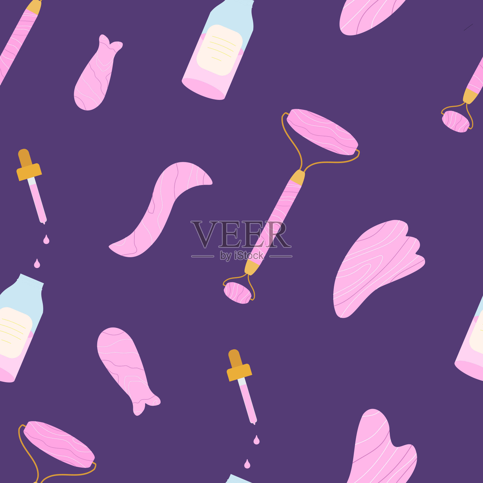 无缝纹面部按摩装置瓜沙辊和石头，刮刀和按摩油。家庭护肤治疗背景插画图片素材